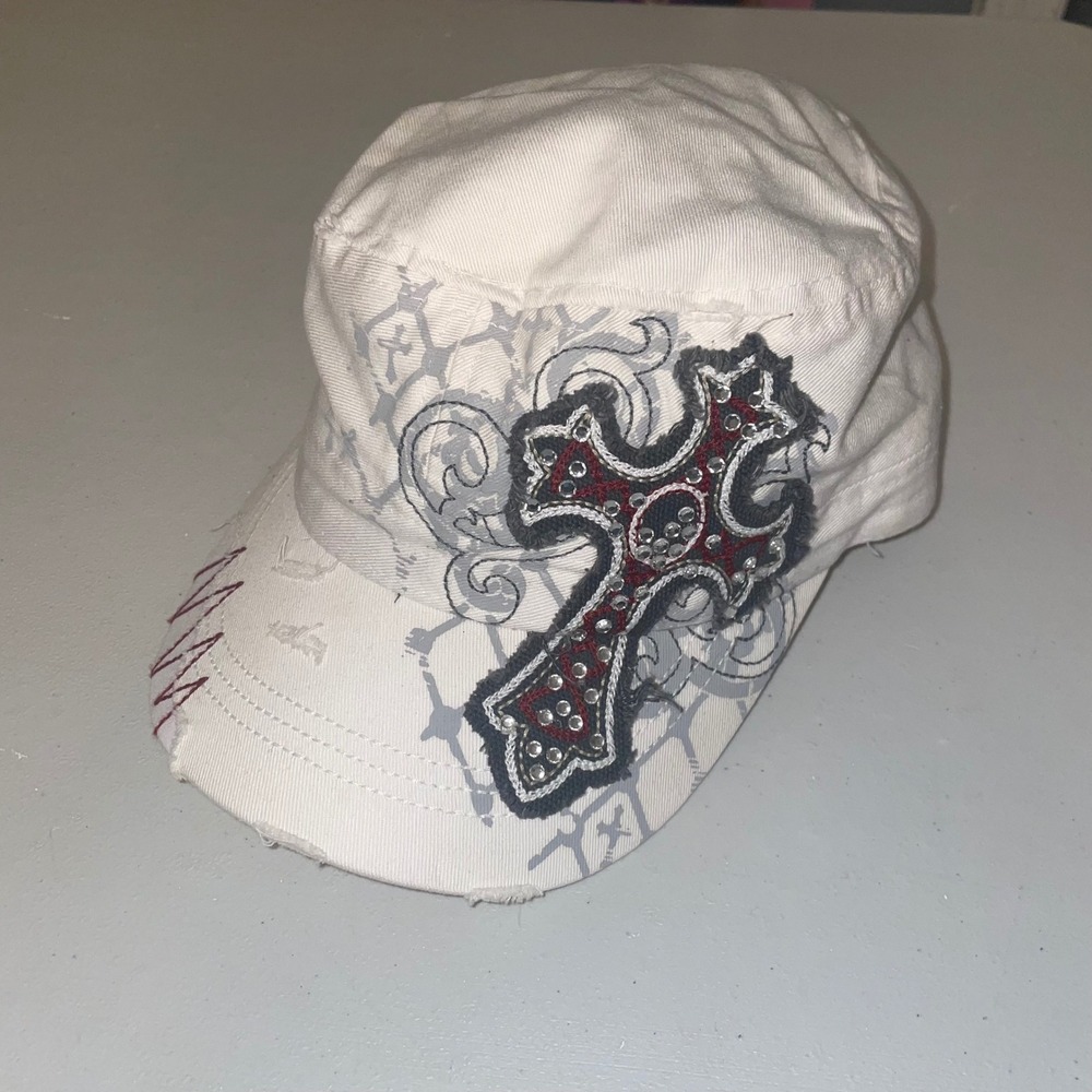 BKE White Military Style Hat Rhinestone Cross Adjustable Cap